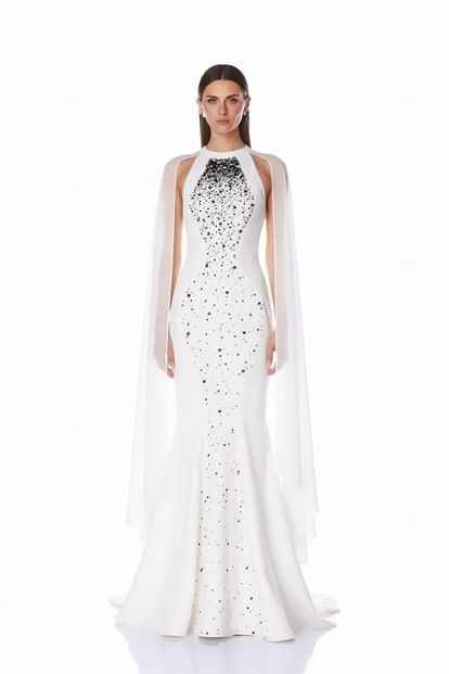 Bone Halter Neck Cape Evening Dress